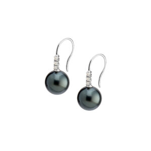 Hook earrings with diamond trilogy and Japanese Akoya pearls