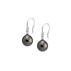 Hook earrings with diamond trilogy and drop Tahiti pearls