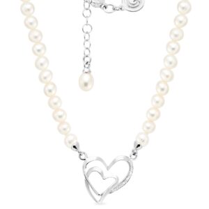 Pearl necklace with double heart and Swarovski