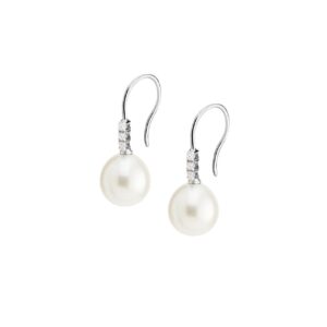Orecchini ad amo con trilogy di diamanti e perle d'acqua dolce a goccia